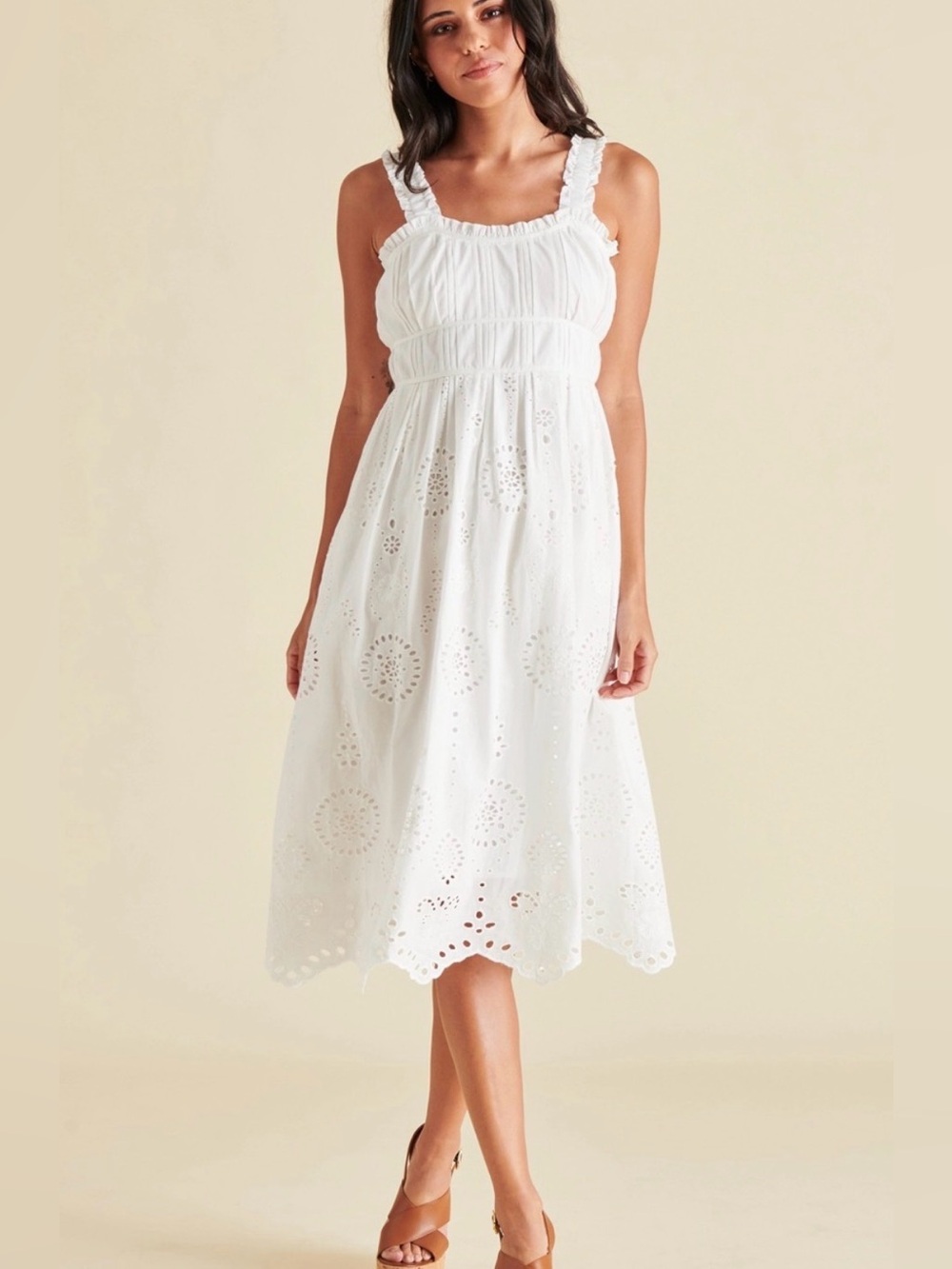 Steve Madden White Eyelet Smocked Midi Dress
